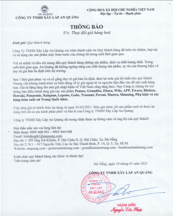 Thông Báo Về Việc Thay Đổi Giá Máy Bơm Nước 2021